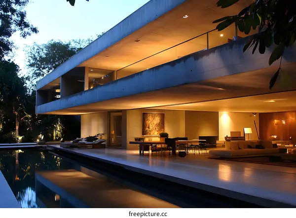 Modern Concrete House with Swimming Pool at Dusk