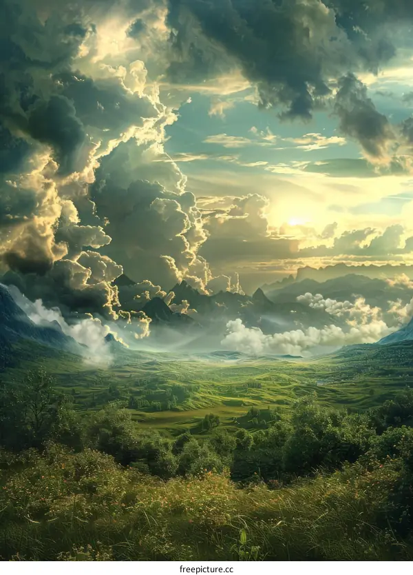 Idyllic Fantasy Landscape with Green Hills