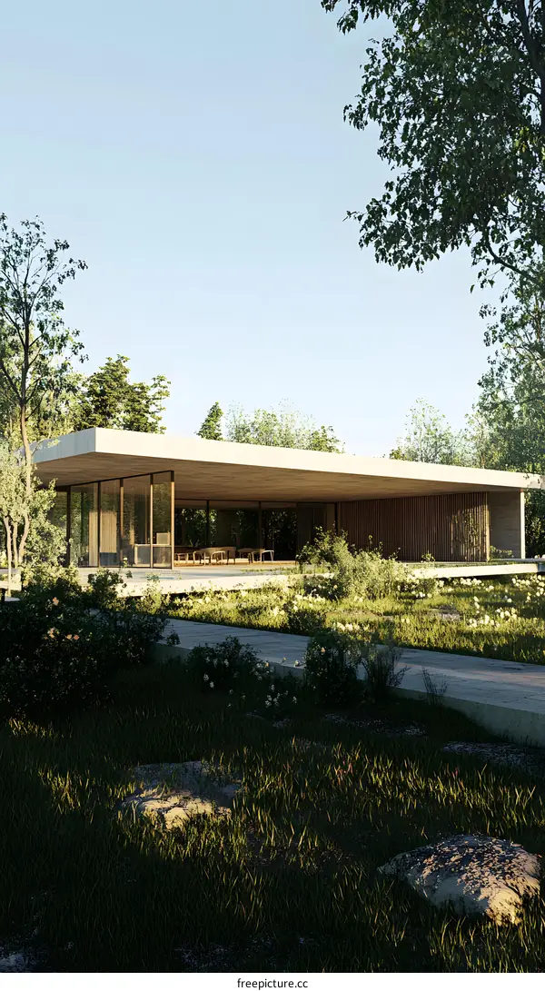 Modern Architecture House with Concrete Wall and Wooden Facade