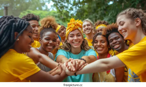 Group of diverse volunteers holding hands in a circle