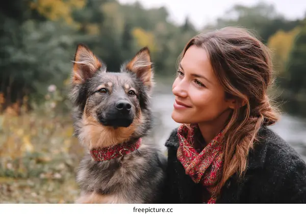 Woman and Dog Outdoor Autumnal Scene