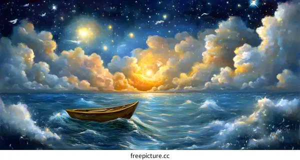 Lonely Boat on a Sea of Clouds and Stars
