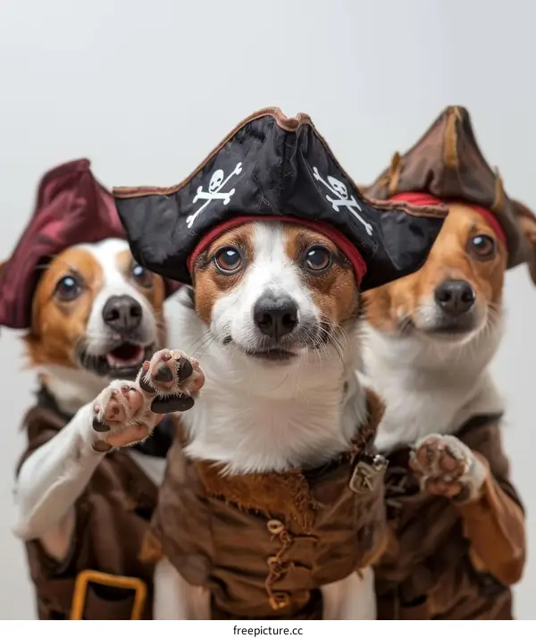 Three Jack Russell Terriers dressed up as pirates