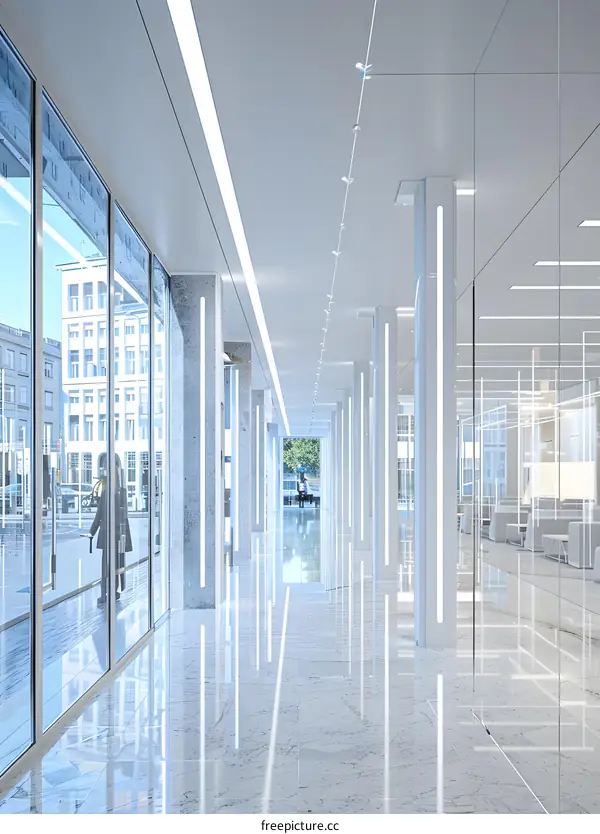 Modern Minimalist Office Corridor With White Walls and Glass Windows