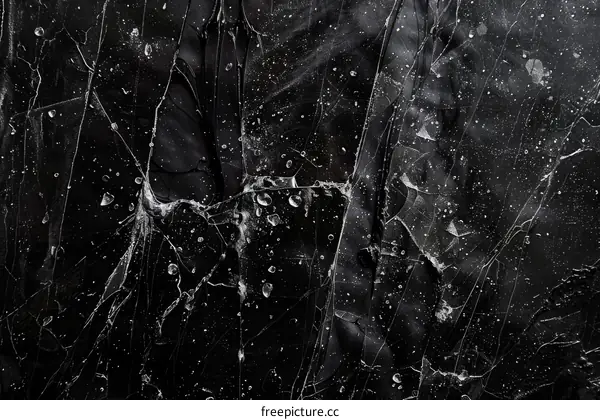 Black and white image of cracked glass with water droplets