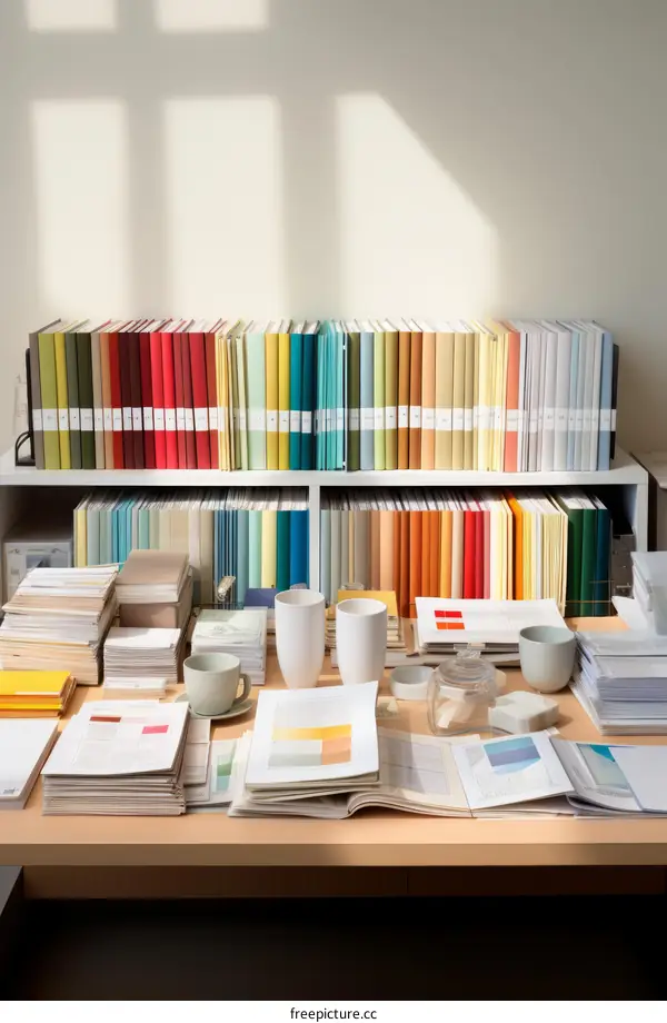 Tidy and organized wooden library desk with plenty of books and writing supplies