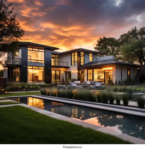 Modern Luxury House at Dusk with Pool and Landscape