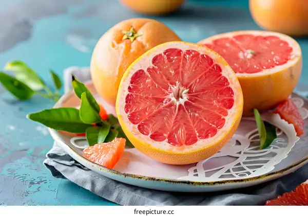 Fresh Red Grapefruit on Plate With Green Leaves