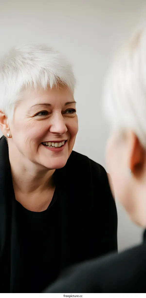 Happy Mature Woman Smiling and Looking at Someone