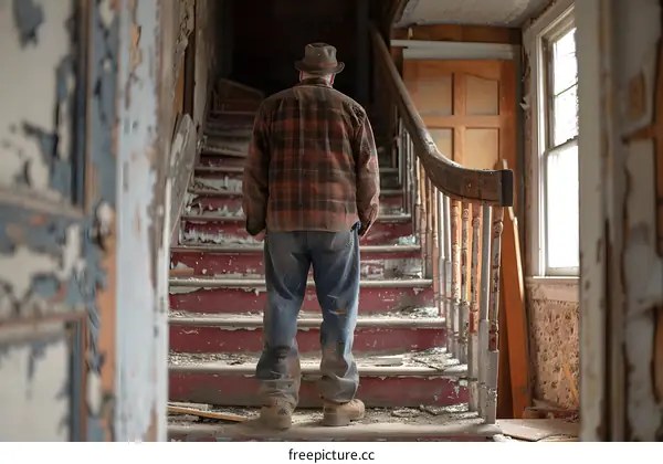 Man walking up the stairs in an abandoned house
