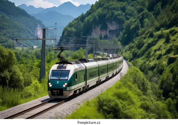 A green and white train travels through a mountainous forest