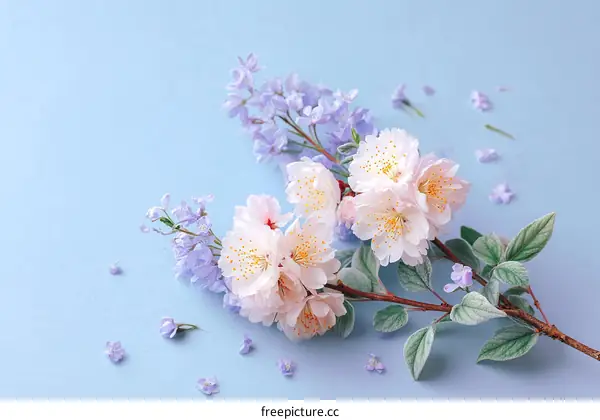 Pastel Spring Flowers Arrangement on Light Blue Background