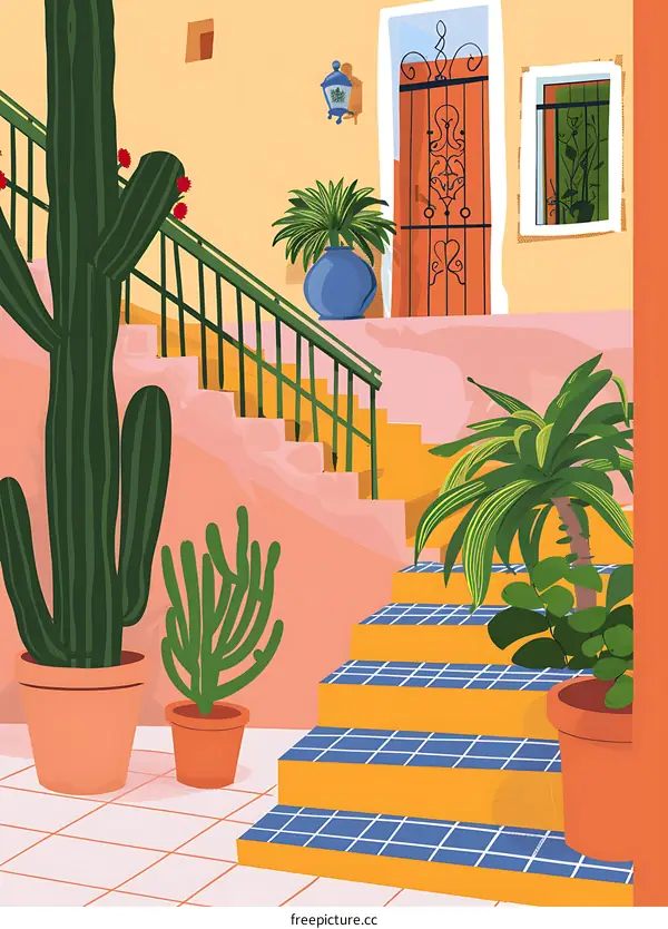 Illustration of a Colorful Entrance with Stairs and Potted Plants
