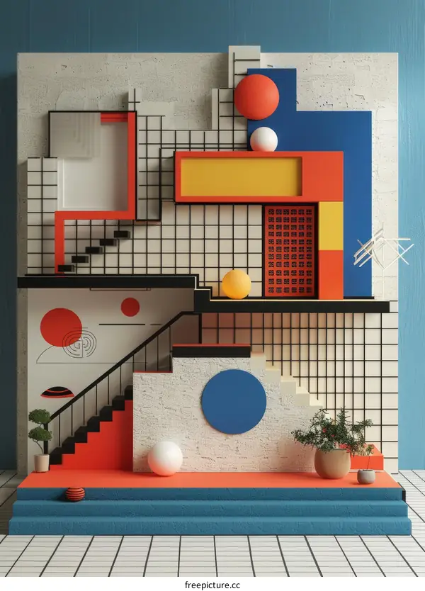 3D rendering of a colorful Memphis style interior