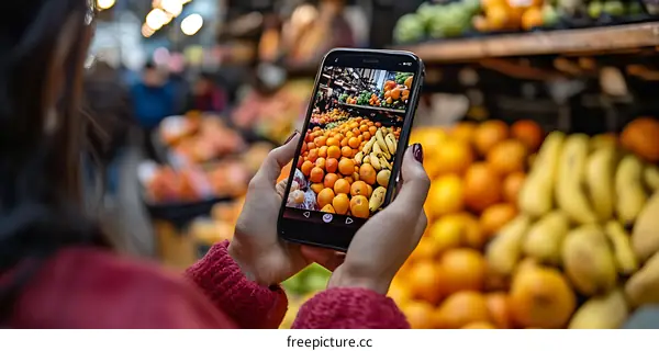 Woman Taking Photo of Fruit Display at a Market