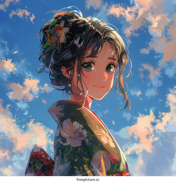 A beautiful Japanese girl in a kimono is smiling.