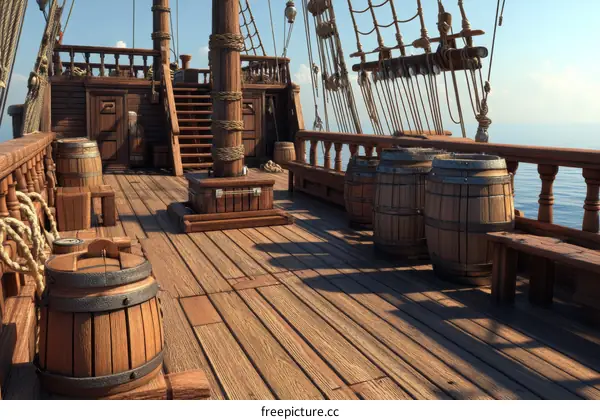 Vintage Wooden Ship Deck with Barrels