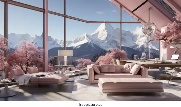 pink modern house interior mountain view