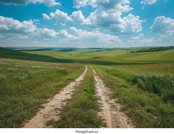 Countryside dirt road through the middle of a green grassy field