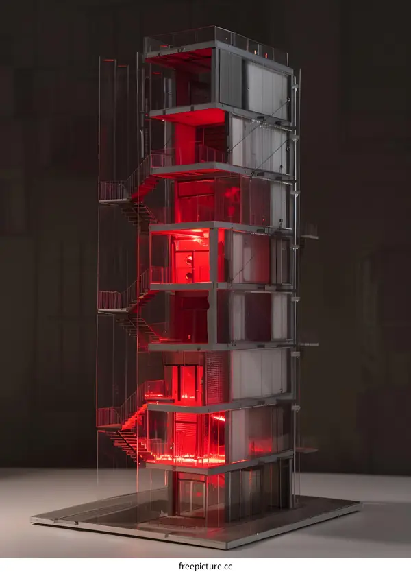 Red Lit Up Modern Architecture Model Building