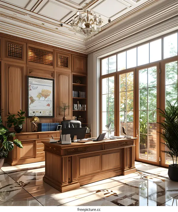 Luxury home office interior with wooden paneling and large windows