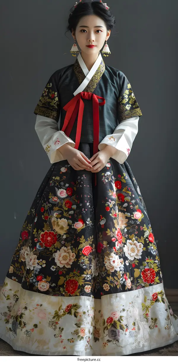 A young woman wearing a hanbok, a traditional Korean dress