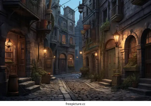 A digital painting of a narrow street in a medieval city.