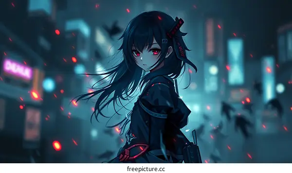 Anime Girl with Red Eyes in a City Setting