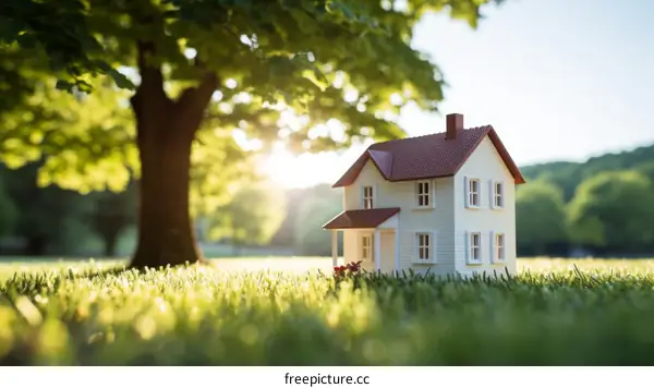 Small Model House on Grassy Lawn Near Tree