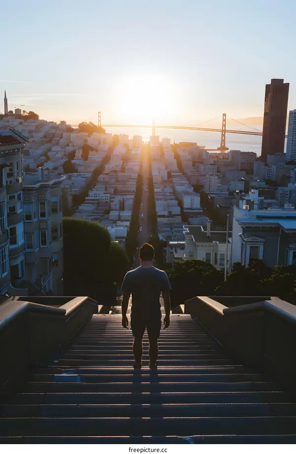 Man Standing on Stairs Looking at City Skyline