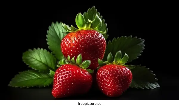 Three red strawberries on a black background