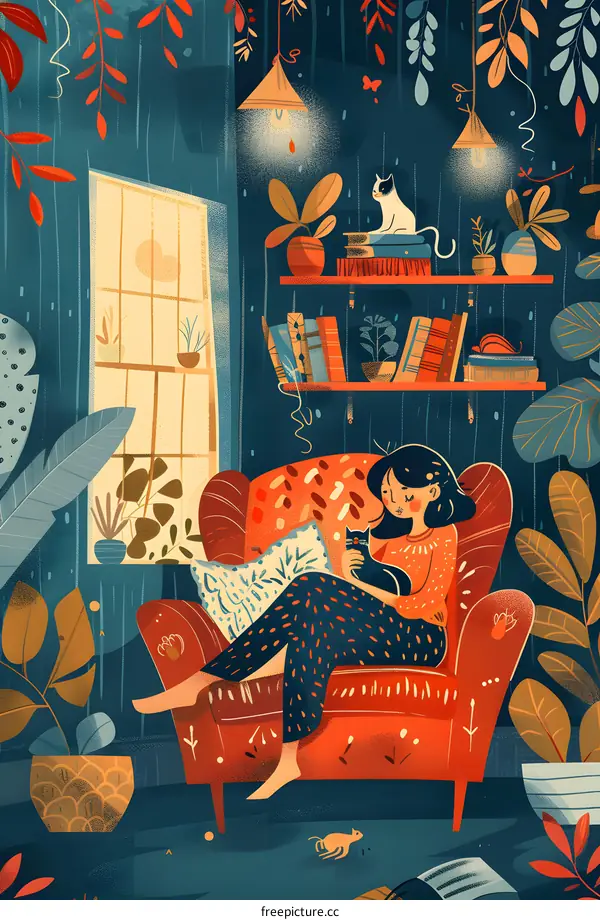 Cozy Home Illustration with Woman and Cat