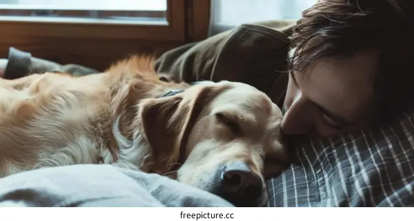 A man and his golden retriever dog sleeping on a bed