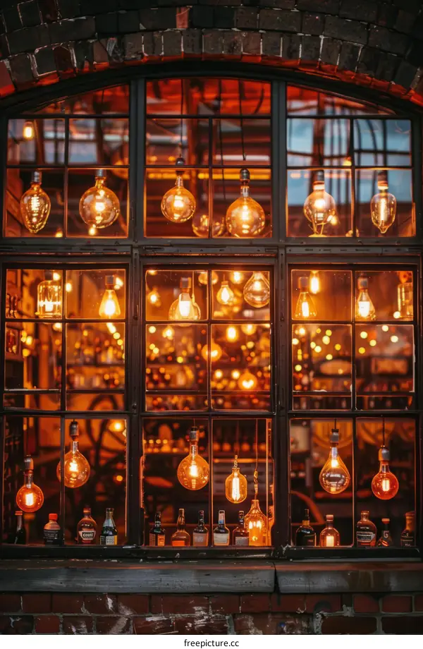 Bulbs in Arched Window Illuminate Room with Warm Glow