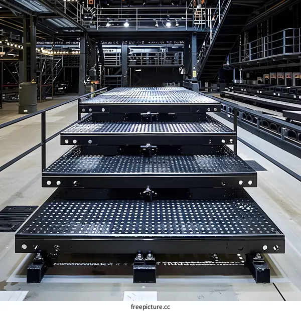 Black Metal Platforms Stacked in Industrial Building