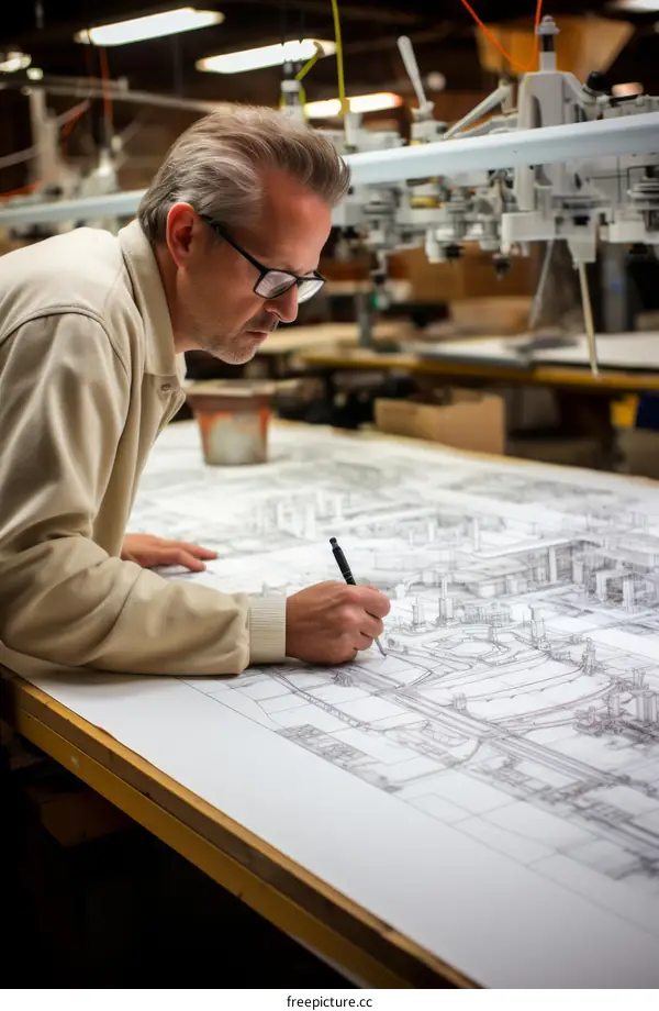 An architect working on a large blueprint