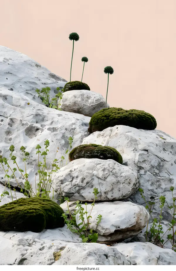 Green Plants Growing On White Rocks