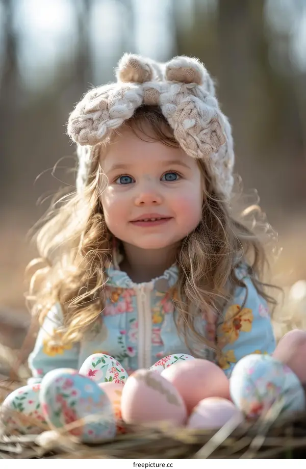 Little Girl Wearing Bunny Ears Surrounded by Easter Eggs