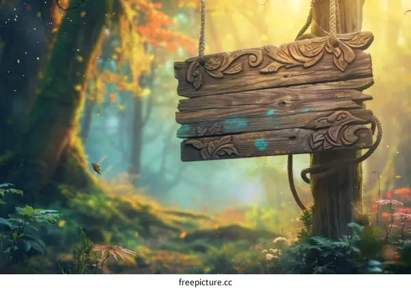 Mystical wooden sign hanging in a magical autumn forest