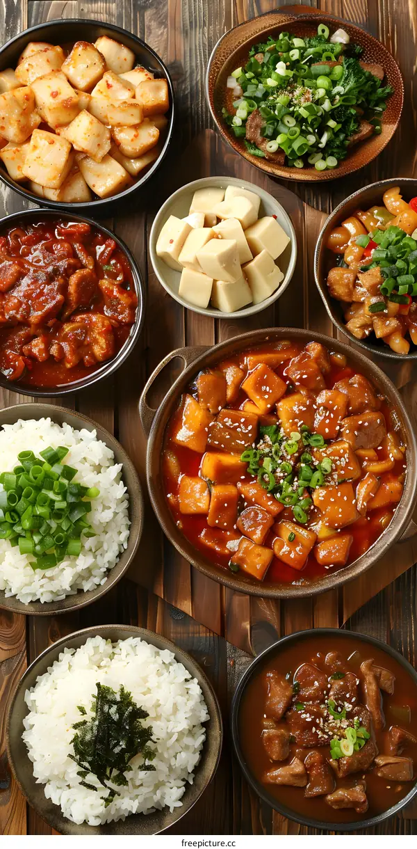 A variety of Korean side dishes and rice