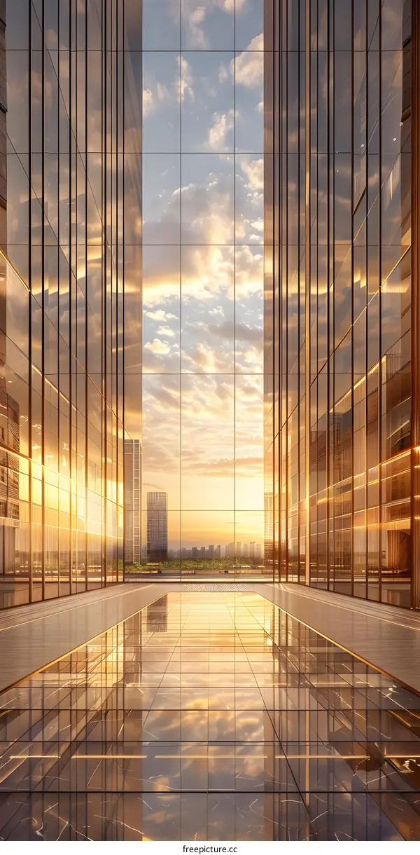 Modern Architecture Glass Building with Sunset Reflection