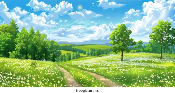 Summer Landscape with Green Meadow and Forest