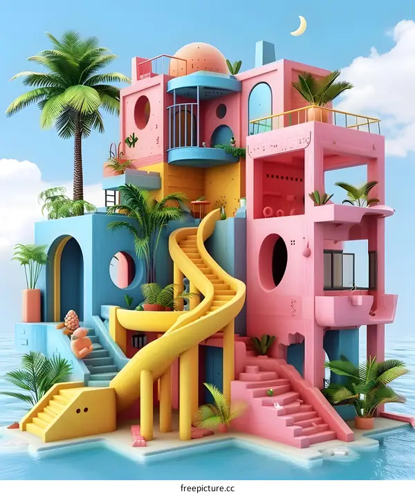 Abstract Colorful House with Palm Trees and a Slide