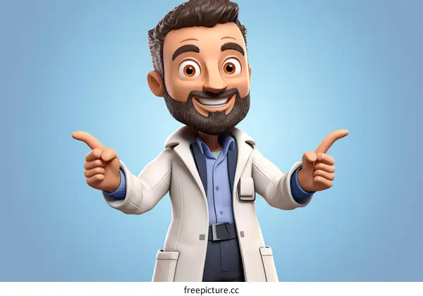 Cheerful male doctor in white coat pointing with both hands