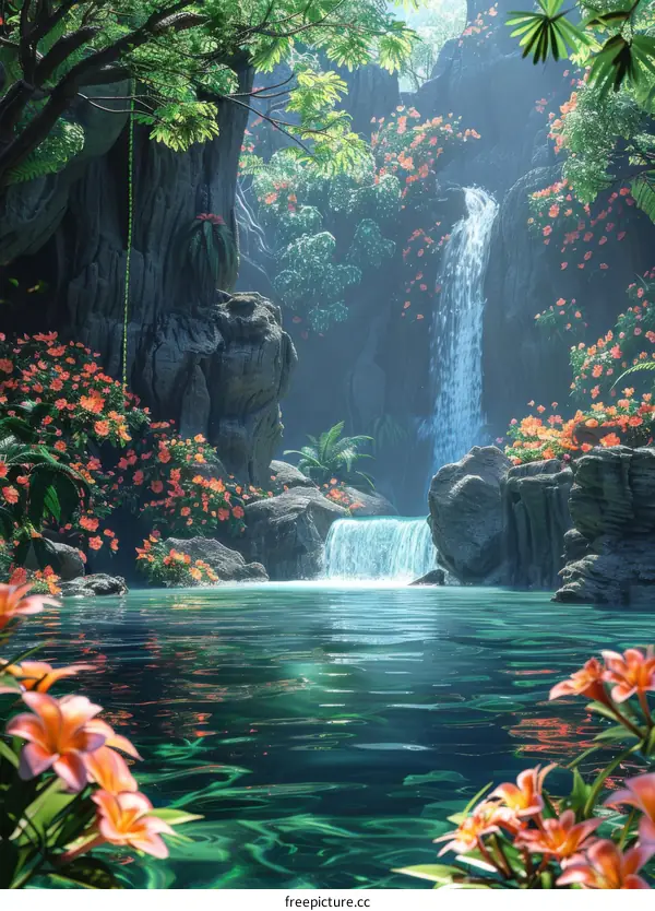 Breathtaking Jungle Waterfall with Lush Foliage