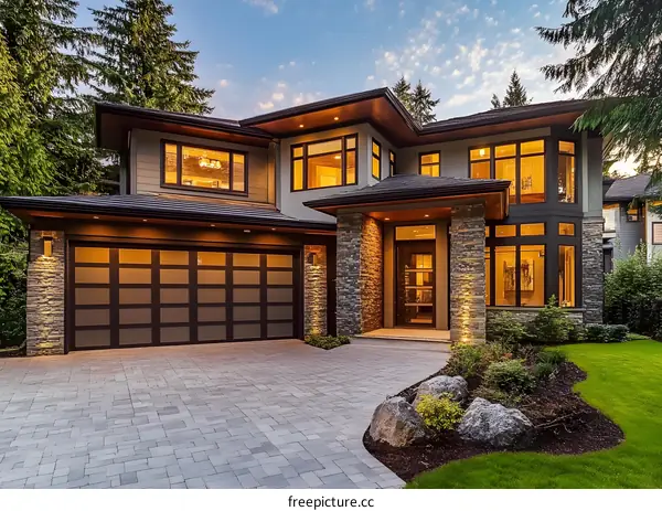 Modern Luxury Home with Stone Facade and Large Windows