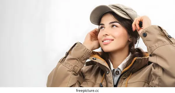 beautiful young woman in a brown hat smiles away from the camera