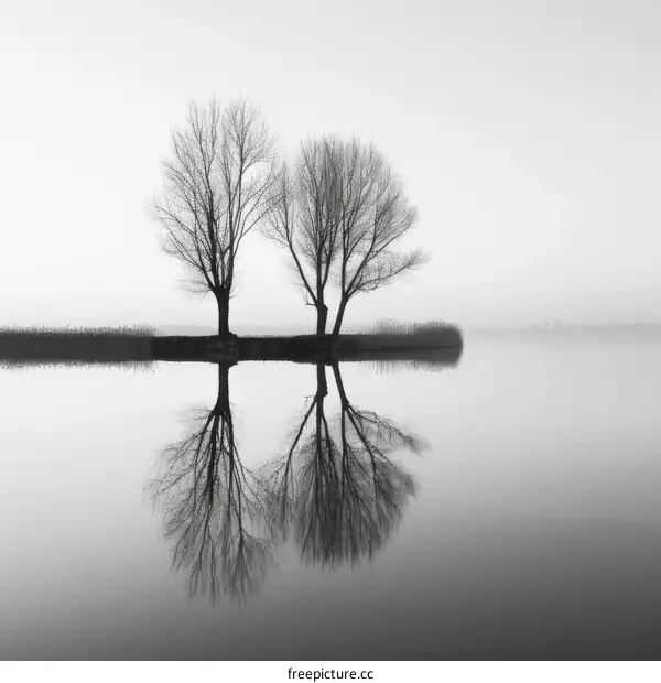 Trees in a lake with fog in the background, black and white