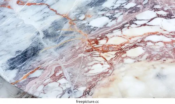 Elegant white marble texture background with delicate pink and blue veins, closeup