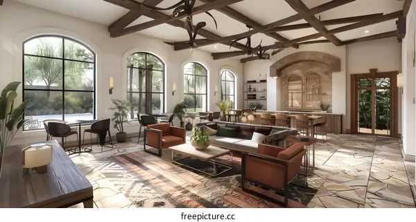 Modern Interior Design with Wooden Beams and Arched Windows